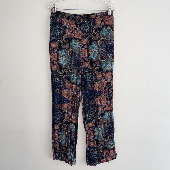 HM Boho Pull On Pants Size 8 Colorful Paisley Damask Floral Pockets Relaxed Fit - Picture 1 of 10
